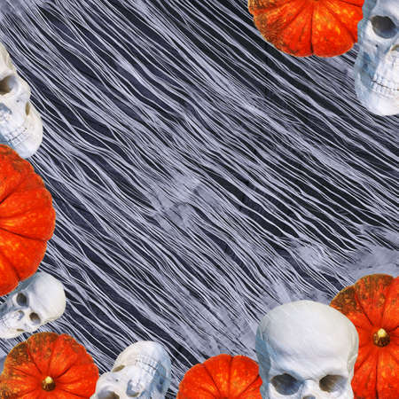 Contemporary collage. 3D illustration. Top view of white skulls and orange pumpkins that lie on a white spider web. Abstraction concept, halloweenの写真素材
