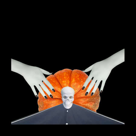 Contemporary collage. 3D illustration. Composition of a skull, pumpkin, road and hands on a black background. Abstraction concept, art, halloweenの写真素材
