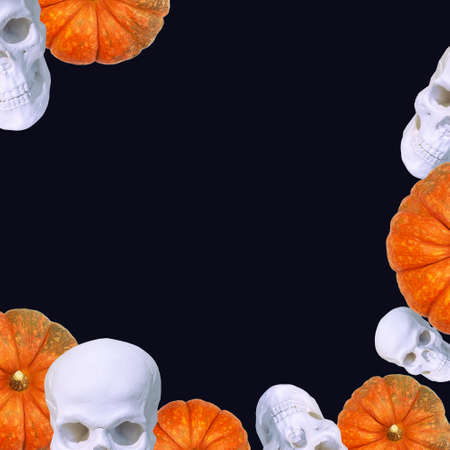 Contemporary collage. 3D illustration. Top view of white skulls and orange pumpkins on a black background. Concept flat layout, holiday, halloweenの写真素材