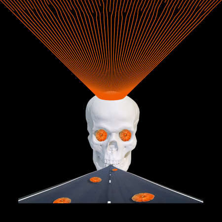 Contemporary collage. 3D illustration. Composition of a skull, pumpkin, roads and cobwebs on a black background. Abstraction concept, art, halloweenの写真素材