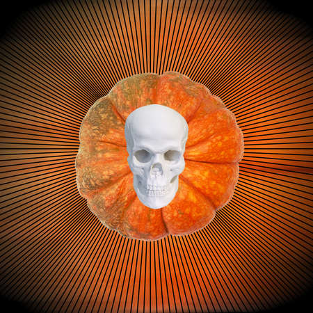 Contemporary collage. 3D illustration. Abstract composition of a skull, pumpkin and cobwebs. Concept abstraction, halloween, artの写真素材
