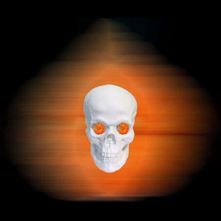Contemporary collage. 3D illustration. Abstract composition of a skull and pumpkin. Concept abstraction, halloween, artの写真素材