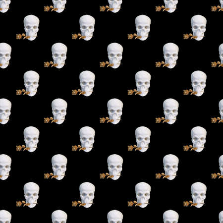 Seamless pattern. Sculpture of a skull head with a gold rose on a black background. Concept abstraction, halloween, artの写真素材