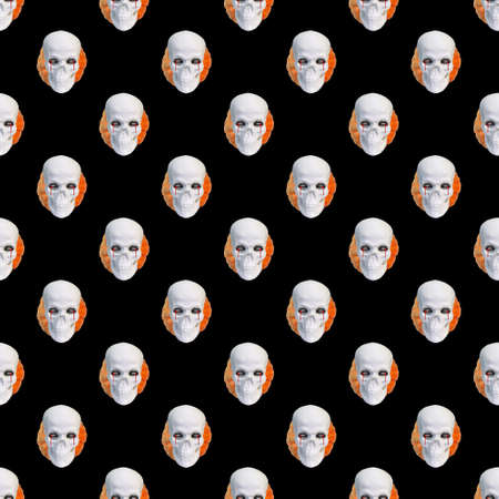 Seamless pattern. Sculpture of a skull head with a pumpkin on a black background. Concept abstraction, halloween, artの写真素材