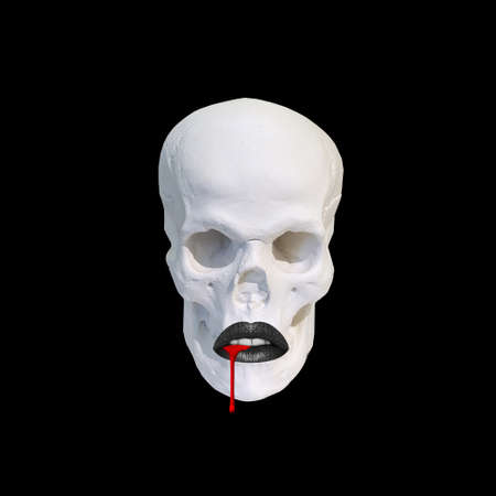 Contemporary collage. 3D illustration. Sculpture of the head of a skull with black lips on which blood flows. Concept abstraction, halloween, artの写真素材