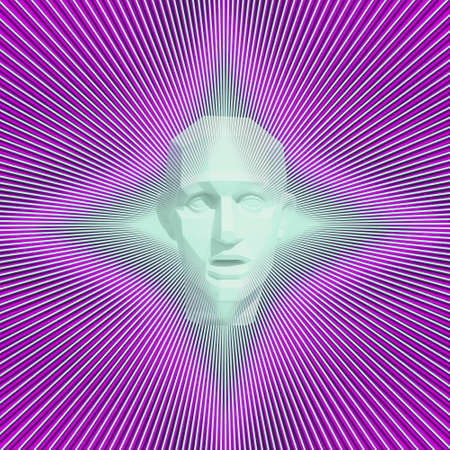 Contemporary collage. 3D illustration. Sculpture of the head of an ancient mythological person against the background of glowing neon rays. Art concept, peopleの写真素材