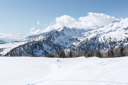 View of the snow-capped mountain peaks of the Dolomites against the sky. Concept background, landscapeの写真素材