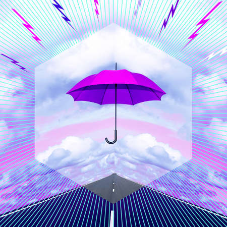 Contemporary collage. Umbrella walking stick of purple color in a hexagon against the background of the sky with clouds and the road into which lightning fliesの写真素材