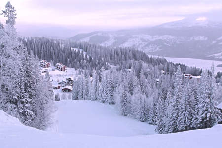 Top view from the ski slope to the snow-covered forest, mountains and the river covered with iceの写真素材