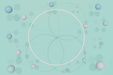 3D rendering. Abstract geometric modern background in blue color with flying spheres and rings. Minimalistic layout.の写真素材