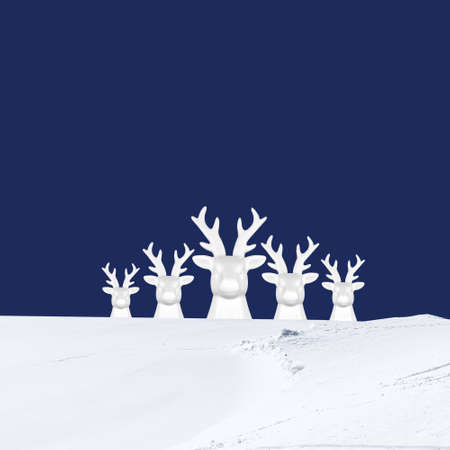 Contemporary collage. 3D illustration. Christmas background with a herd of white deer on the snow on a blue background.の写真素材