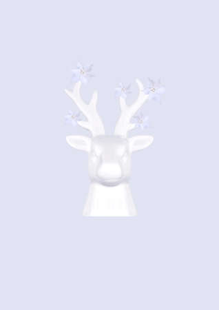 Contemporary collage. 3D illustration. Christmas background with a white deer whose horns are decorated with flowers and stars on a light background.の写真素材