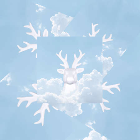 Contemporary collage. 3D illustration. Christmas background with a white deer against a blue sky with white clouds.の写真素材