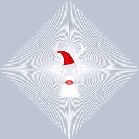 Contemporary collage. 3D illustration. Christmas background with a white deer with red lips in a red cap on a gray background with white rays.の写真素材
