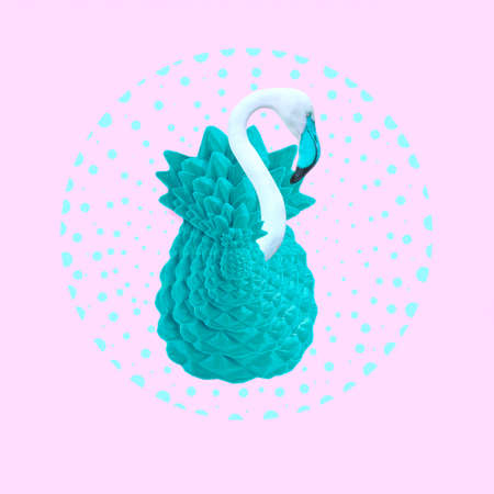 Contemporary collage. 3D illustration. White flamingo in blue pineapple on a pink background.の写真素材