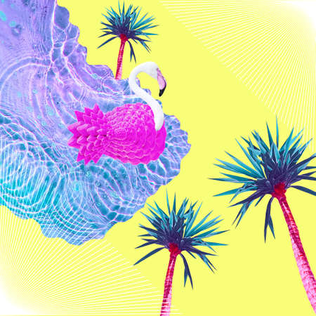 Contemporary collage. 3D illustration. Pink flamingo swims in the water under palm trees. Summer, vacation concept.の写真素材