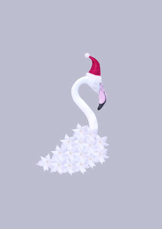 Contemporary collage. 3D illustration. Abstract Christmas background with white flamingos in a red cap on a gray backgroundの写真素材