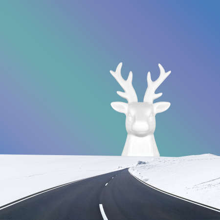 3D illustration. Christmas background with a white deer on the snow against the backdrop of the road and the northern lightsの写真素材