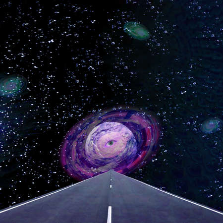 Contemporary collage. 3D illustration. A planet with a human eye from space looks at an empty road. Art, surrealism conceptの写真素材