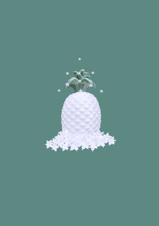 Contemporary collage. 3D illustration. Abstract Christmas background with white pineapple in white colors on a mint backgroundの写真素材