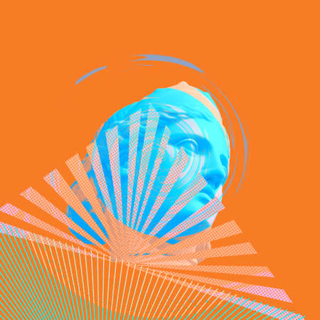 Contemporary collage. Greek goddess in sunbeams on an orange backgroundの写真素材