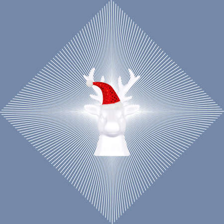 Contemporary collage. 3D illustration. Christmas background with a white deer in a red cap on a gray background with white raysの写真素材