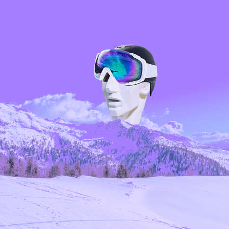 Contemporary collage. A man in sunglasses and a helmet on the background of snow-capped mountains. Sport concept, artの写真素材