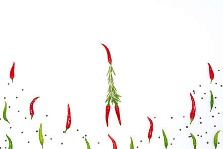 Abstract Christmas background in the form of a fashionable girl made of red chili and rosemary. Food concept, christmas.の写真素材
