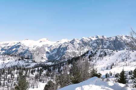 Top view from the ski slope to the snow-covered forest, mountains and the river covered with ice.の写真素材
