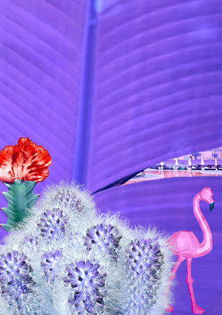 Contemporary collage. Pink flamingos and multi-colored cacti against the background of a purple palm leaf through which the pool is visibleの写真素材