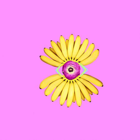 Contemporary collage. Magic eye made of yellow bananas and flowers on a pink background. Concept abstraction, artの写真素材