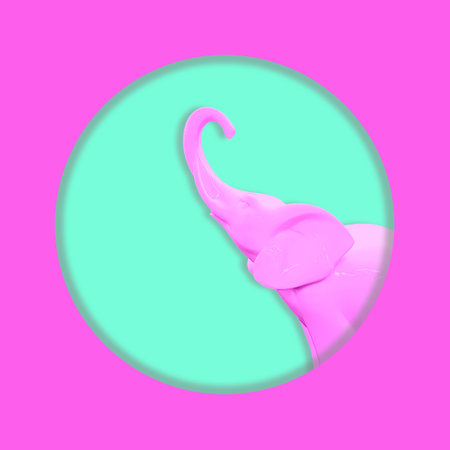 Contemporary collage. Pink elephant on a turquoise background. Art concept, abstraction.
