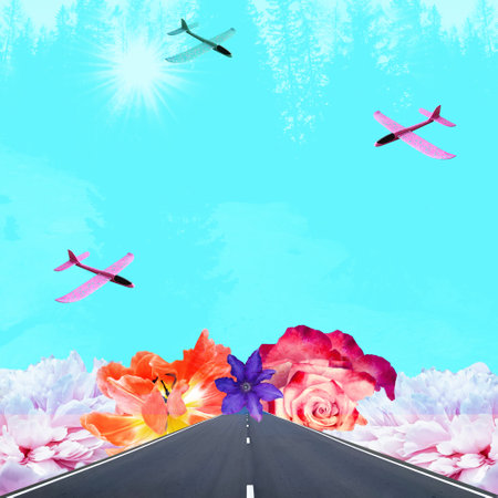 Contemporary collage. Planes are flying over the runway with flowers on a blue background. Transportation concept, art, travelの写真素材