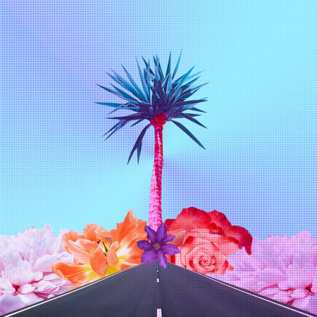 Contemporary collage. A palm tree stands on the road with flowers. Concept art, travel, summerの写真素材