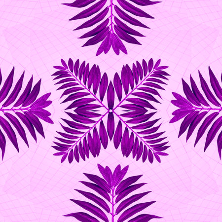 Abstract pattern of tropical branches of a palm tree in purple on a pink background with a geometric pattern.の写真素材