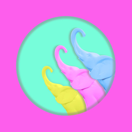 Contemporary collage. Yellow pink and blue elephant on a turquoise background. Concept art, family, love.の写真素材