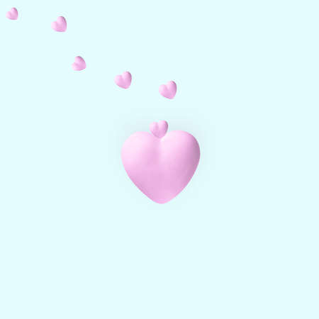 3d illustration. Porcelain pink heart on a blue background from which small hearts fly.の写真素材