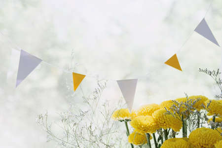 View of a bouquet of yellow chrysanthemums in a vase on the window. Concept background, flowers, holidayの写真素材