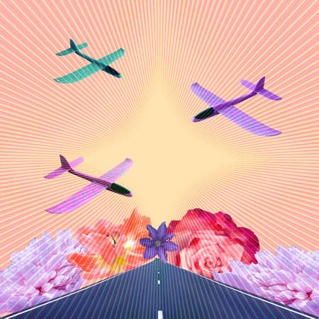 Contemporary collage. Airplanes are flying over the runway with flowers on an orange background. Transportation concept, art, travel.の写真素材