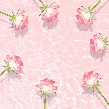 Top view of pink roses that lie on the water with sun glareの写真素材