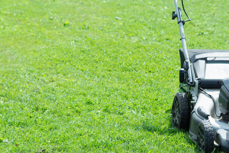 the lawn mower stands on the mowed lawn on the football fieldの写真素材
