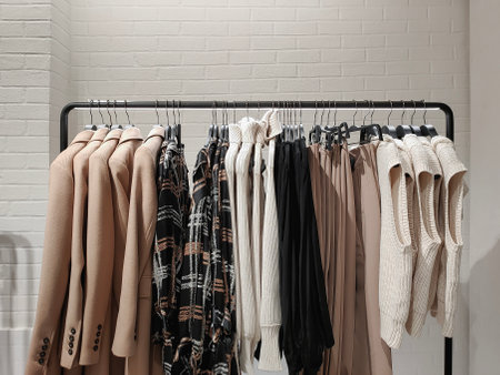 Rack with clothes on hangers in the store against the backdrop of a wallの写真素材