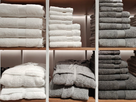 A shop window with neatly folded towels on shelves in natural colorsの写真素材