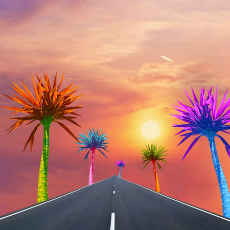 Abstract bright multicolored palms on the background of the road and sky with the sunsetの写真素材