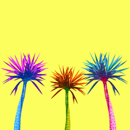 Abstract bright multicolored palms on a yellow backgroundの写真素材