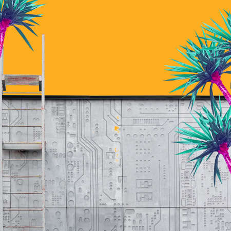 Abstract pink palms on an orange background and a gray building with a staircaseの写真素材