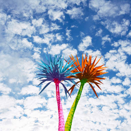 Abstract bright multicolored palms on a background of blue sky with cloudsの写真素材