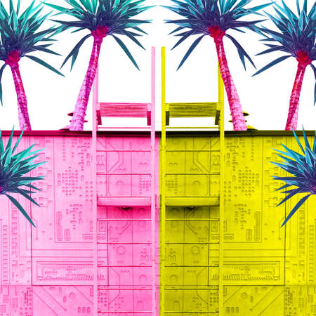 Abstract pink and turquoise palms on the background of a yellow and pink building with a staircaseの写真素材