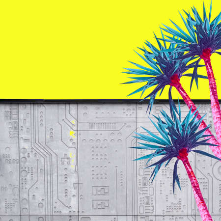 Abstract pink palms on a yellow background and a gray building