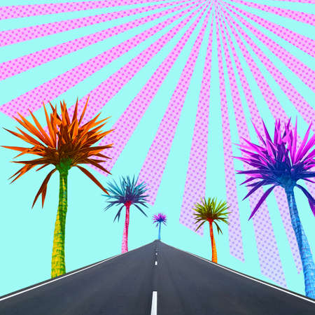Abstract bright multicolored palms on the background of the roadの写真素材